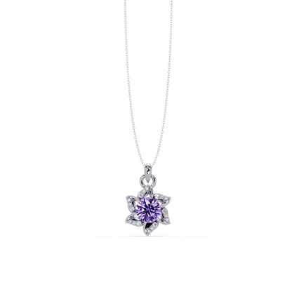 2.1 CTW Round Floral Colorstone Pendant Necklace - Amethyst Lavender - 14K White Gold