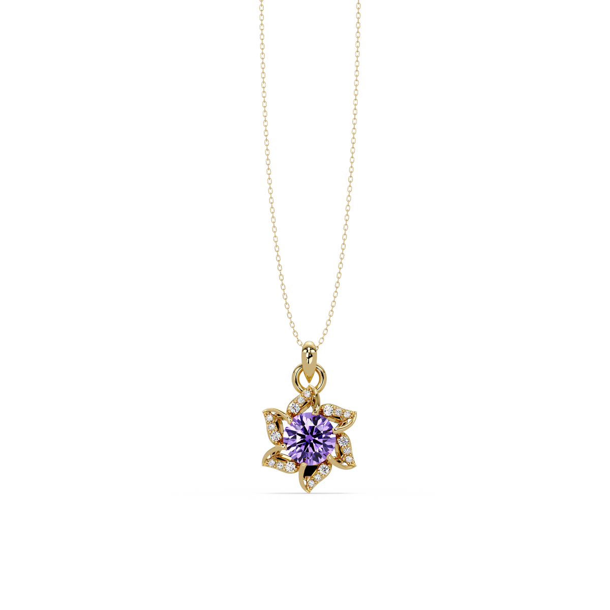 2.1 CTW Round Floral Colorstone Pendant Necklace - Amethyst Lavender - 14K Yellow Gold