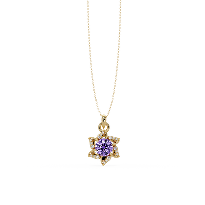 2.1 CTW Round Floral Colorstone Pendant Necklace - Amethyst Lavender - 14K Yellow Gold