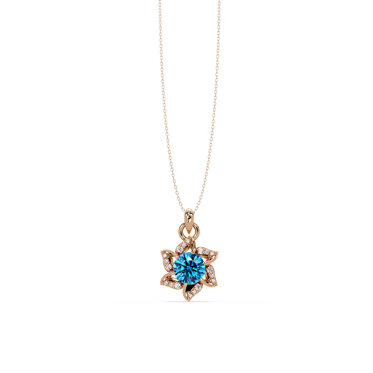 2.1 CTW Round Floral Colorstone Pendant Necklace - Aquamarine Sky Blue - 14K Rose Gold