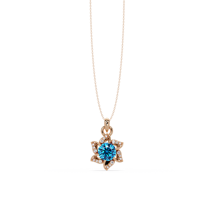 2.1 CTW Round Floral Colorstone Pendant Necklace - Aquamarine Sky Blue - 14K Rose Gold