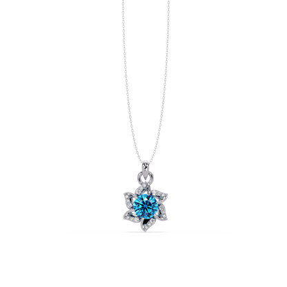 2.1 CTW Round Floral Colorstone Pendant Necklace - Aquamarine Sky Blue - 14K White Gold