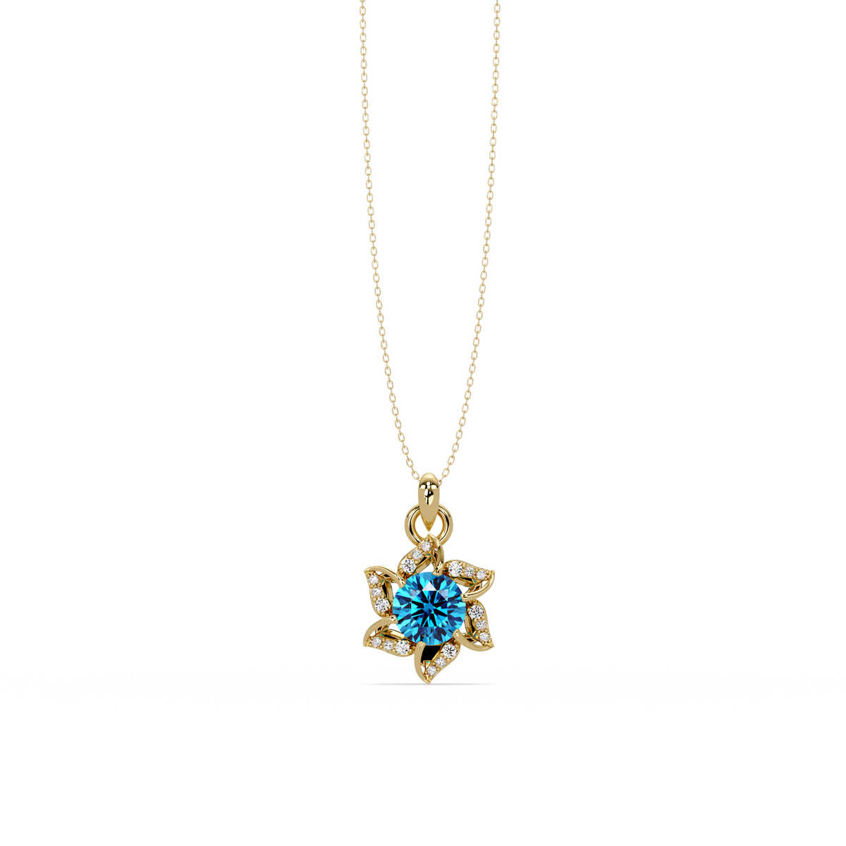 2.1 CTW Round Floral Colorstone Pendant Necklace - Aquamarine Sky Blue - 14K Yellow Gold
