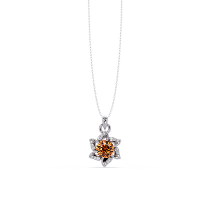 2.1 CTW Round Floral Colorstone Pendant Necklace - Champagne Topaz Amber - 14K White Gold