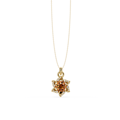 2.1 CTW Round Floral Colorstone Pendant Necklace - Champagne Topaz Amber - 14K Yellow Gold