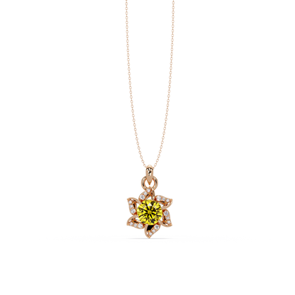 2.1 CTW Round Floral Colorstone Pendant Necklace - Citrine Lemon Yellow - 14K Rose Gold
