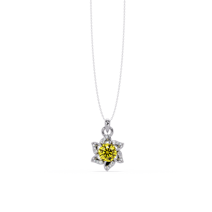 2.1 CTW Round Floral Colorstone Pendant Necklace - Citrine Lemon Yellow - 14K White Gold