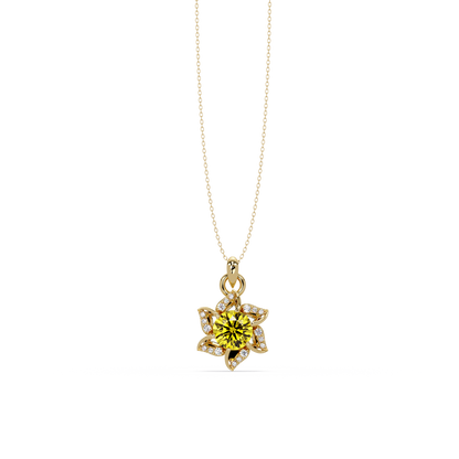 2.1 CTW Round Floral Colorstone Pendant Necklace - Citrine Lemon Yellow - 14K Yellow Gold