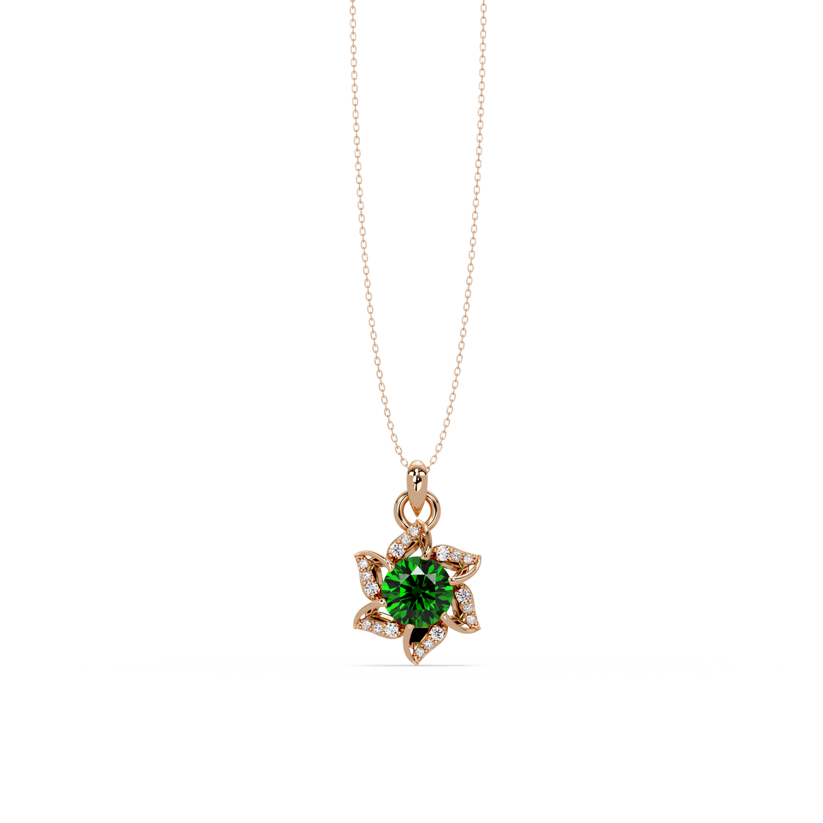 2.1 CTW Round Floral Colorstone Pendant Necklace - Emerald Deep Green - 14K Rose Gold