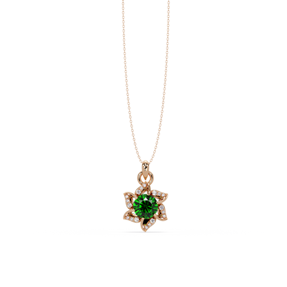 2.1 CTW Round Floral Colorstone Pendant Necklace - Emerald Deep Green - 14K Rose Gold