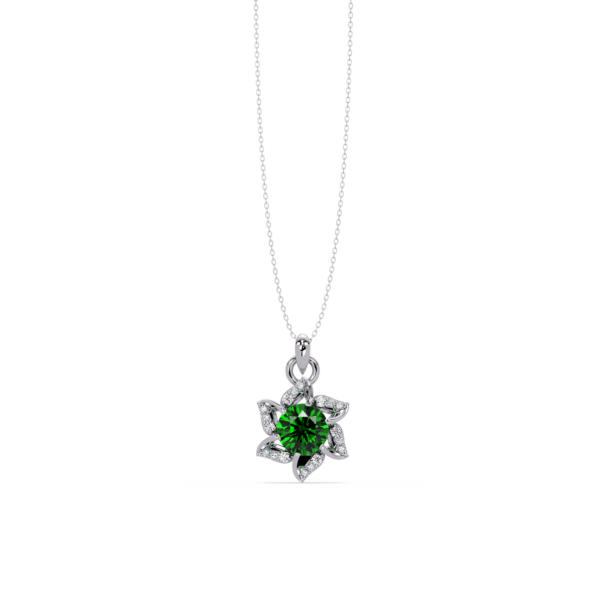 2.1 CTW Round Floral Colorstone Pendant Necklace - Emerald Deep Green - 14K White Gold