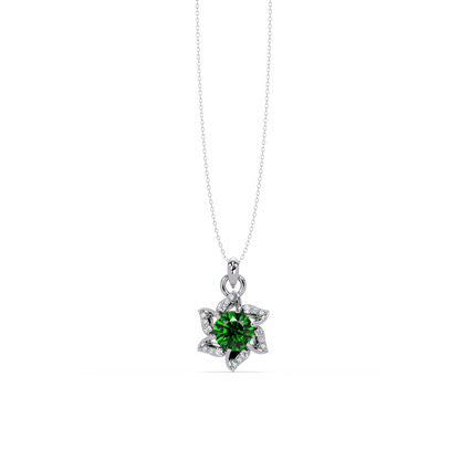 2.1 CTW Round Floral Colorstone Pendant Necklace - Emerald Deep Green - 14K White Gold