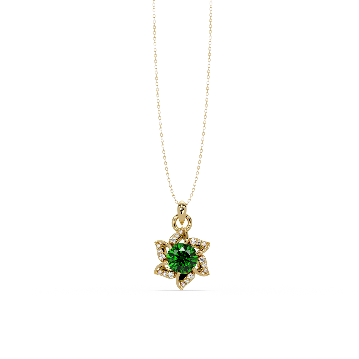 2.1 CTW Round Floral Colorstone Pendant Necklace - Emerald Deep Green - 14K Yellow Gold