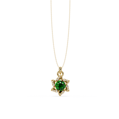 2.1 CTW Round Floral Colorstone Pendant Necklace - Emerald Deep Green - 14K Yellow Gold