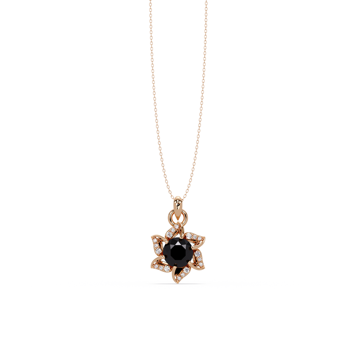 2.1 CTW Round Floral Colorstone Pendant Necklace - Onyx Black - 14K Rose Gold