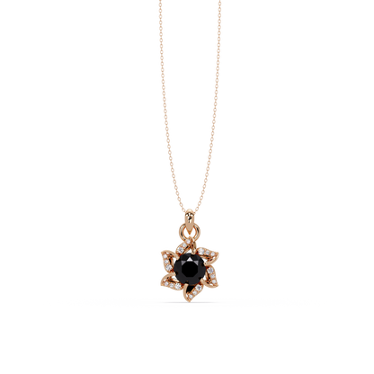 2.1 CTW Round Floral Colorstone Pendant Necklace - Onyx Black - 14K Rose Gold