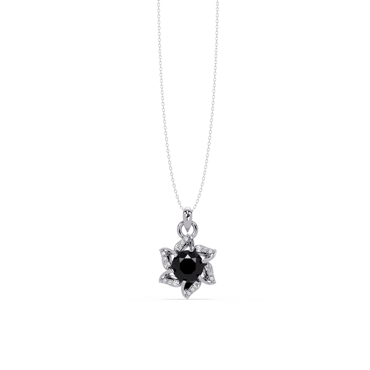 2.1 CTW Round Floral Colorstone Pendant Necklace - Onyx Black - 14K White Gold