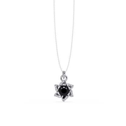2.1 CTW Round Floral Colorstone Pendant Necklace - Onyx Black - 14K White Gold