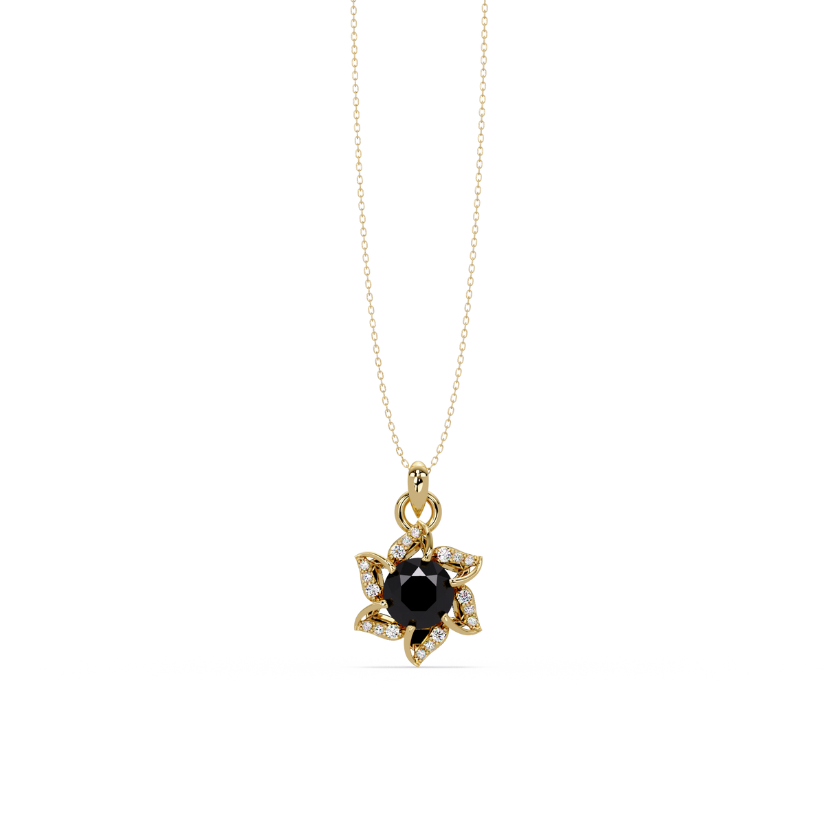 2.1 CTW Round Floral Colorstone Pendant Necklace - Onyx Black - 14K Yellow Gold