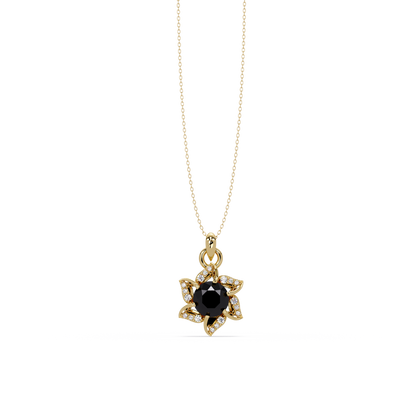 2.1 CTW Round Floral Colorstone Pendant Necklace - Onyx Black - 14K Yellow Gold