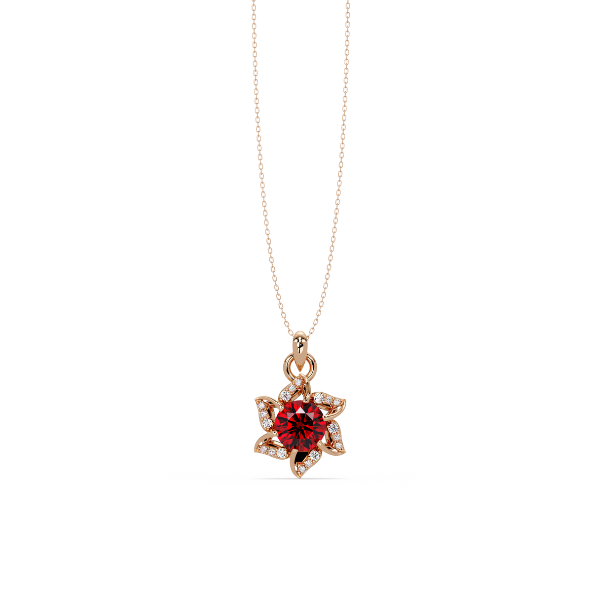 2.1 CTW Round Floral Colorstone Pendant Necklace - Ruby Deep Red - 14K Rose Gold