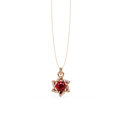 2.1 CTW Round Floral Colorstone Pendant Necklace - Ruby Deep Red - 14K Rose Gold