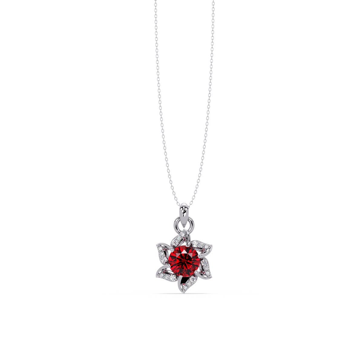 2.1 CTW Round Floral Colorstone Pendant Necklace - Ruby Deep Red - 14K White Gold