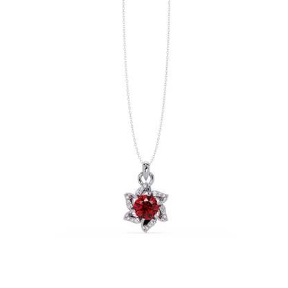 2.1 CTW Round Floral Colorstone Pendant Necklace - Ruby Deep Red - 14K White Gold