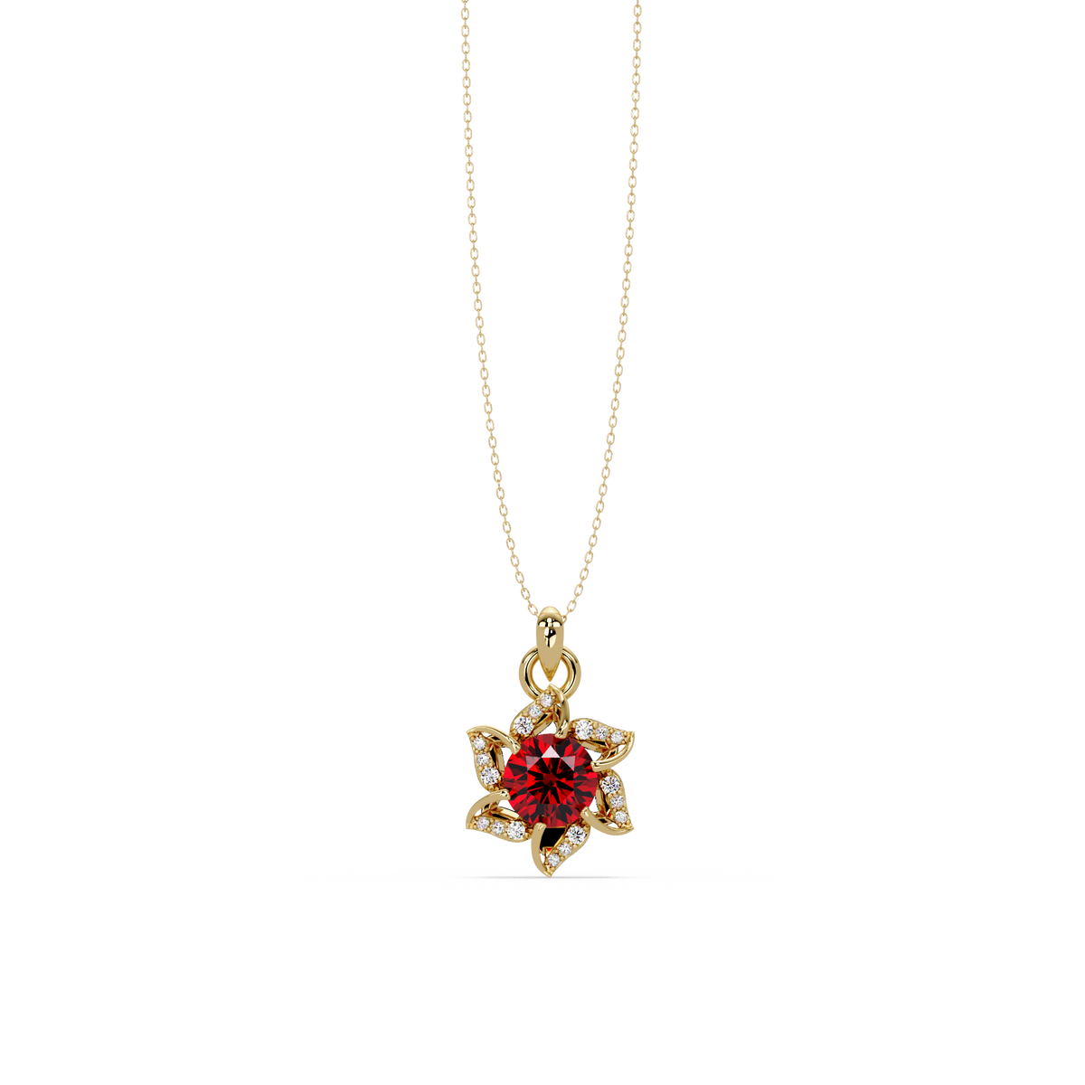 2.1 CTW Round Floral Colorstone Pendant Necklace - Ruby Deep Red - 14K Yellow Gold