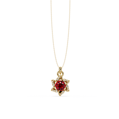 2.1 CTW Round Floral Colorstone Pendant Necklace - Ruby Deep Red - 14K Yellow Gold