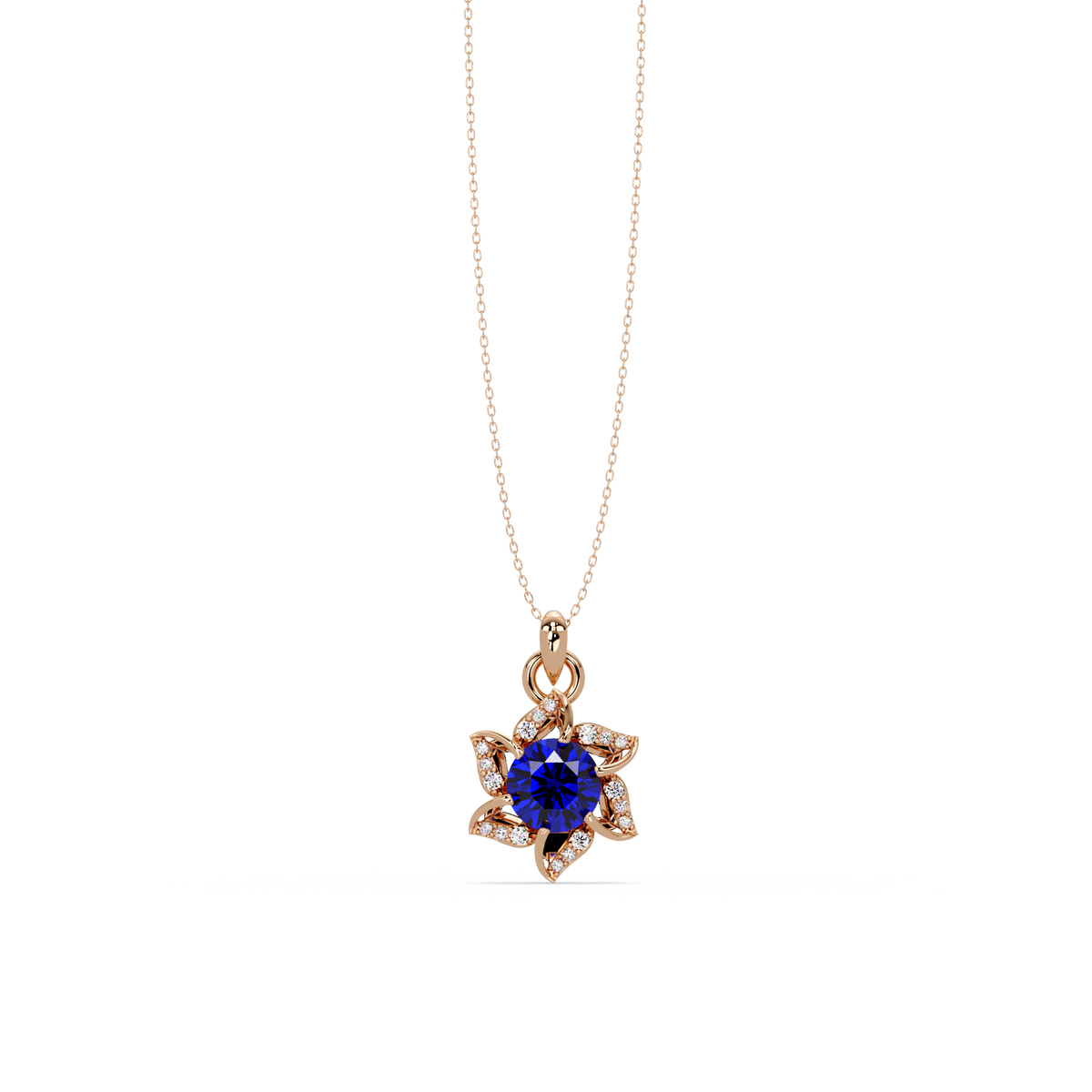 2.1 CTW Round Floral Colorstone Pendant Necklace - Sapphire Royal Blue - 14K Rose Gold