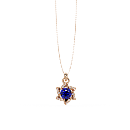 2.1 CTW Round Floral Colorstone Pendant Necklace - Sapphire Royal Blue - 14K Rose Gold