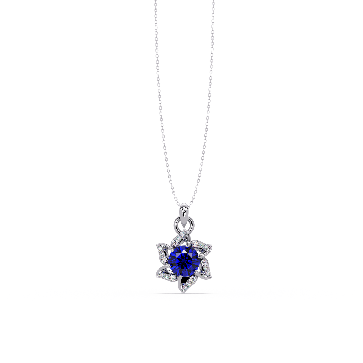 2.1 CTW Round Floral Colorstone Pendant Necklace - Sapphire Royal Blue - 14K White Gold