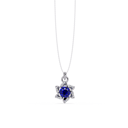 2.1 CTW Round Floral Colorstone Pendant Necklace - Sapphire Royal Blue - 14K White Gold