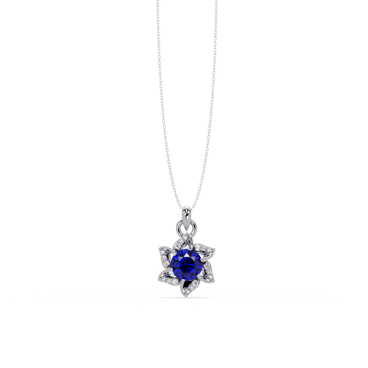 2.1 CTW Round Floral Colorstone Pendant Necklace - Sapphire Royal Blue - 14K White Gold