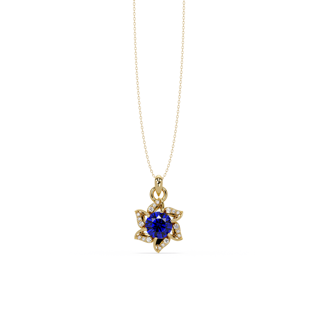 2.1 CTW Round Floral Colorstone Pendant Necklace - Sapphire Royal Blue - 14K Yellow Gold