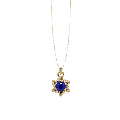 2.1 CTW Round Floral Colorstone Pendant Necklace - Sapphire Royal Blue - 14K Yellow Gold