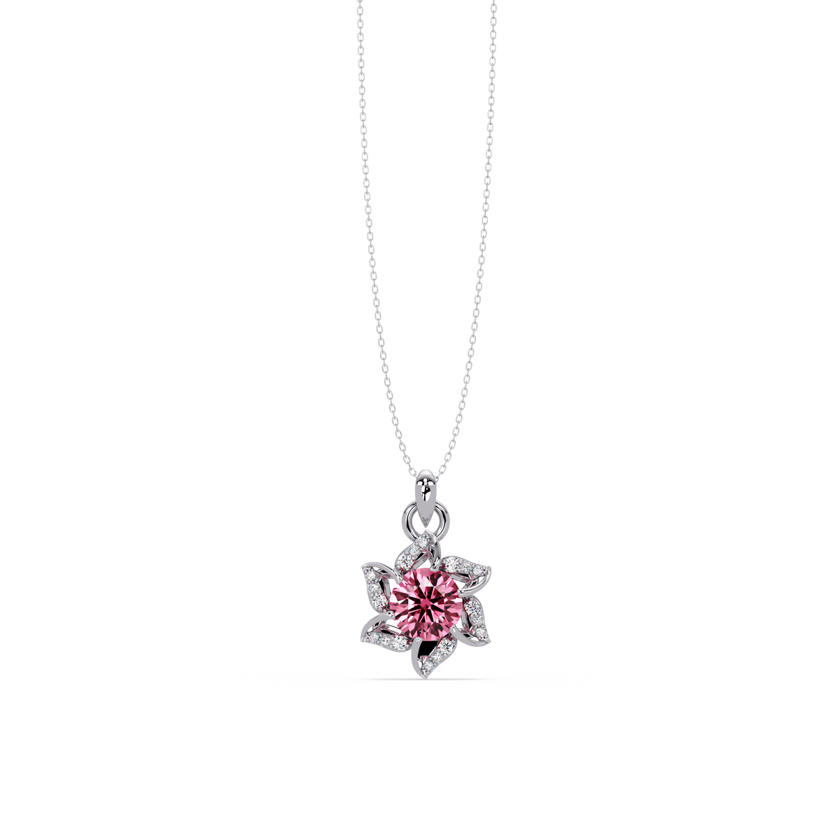 2.1 CTW Round Floral Colorstone Pendant Necklace - Tourmaline Rose Pink - 14K White Gold