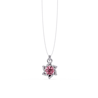 2.1 CTW Round Floral Colorstone Pendant Necklace - Tourmaline Rose Pink - 14K White Gold