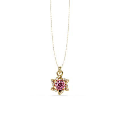 2.1 CTW Round Floral Colorstone Pendant Necklace - Tourmaline Rose Pink - 14K Yellow Gold