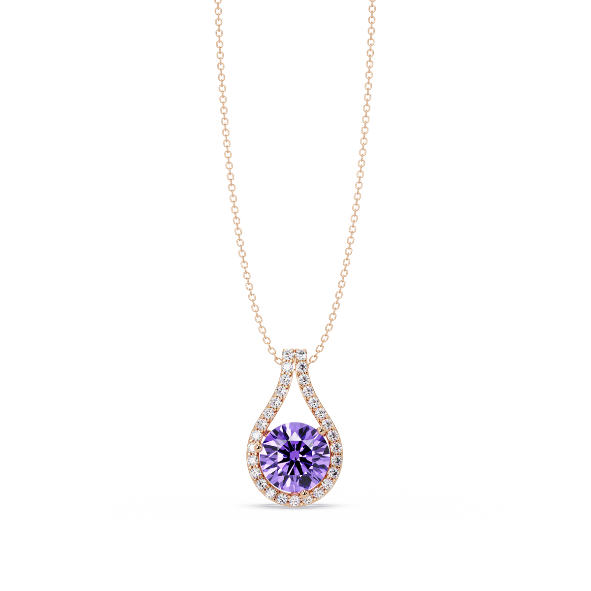 3.2 CTW Round Teardrop Halo Colorstone Pendant Necklace – Amethyst Purple – 14K Rose Gold