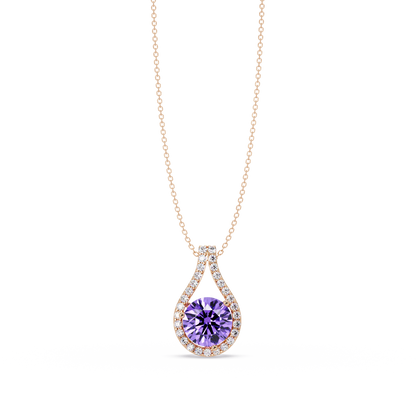 3.2 CTW Round Teardrop Halo Colorstone Pendant Necklace – Amethyst Purple – 14K Rose Gold