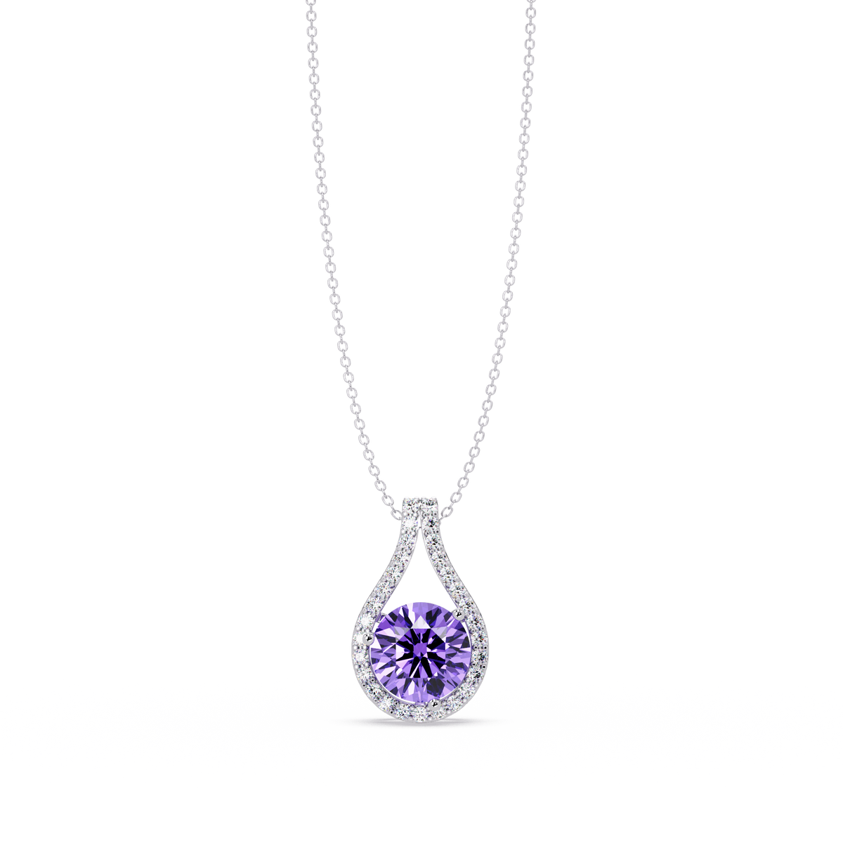 3.2 CTW Round Teardrop Halo Colorstone Pendant Necklace – Amethyst Purple – 14K White Gold