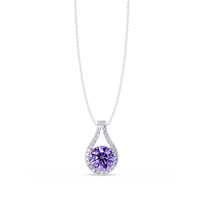3.2 CTW Round Teardrop Halo Colorstone Pendant Necklace – Amethyst Purple – 14K White Gold