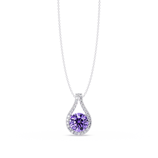 3.2 CTW Round Teardrop Halo Colorstone Pendant Necklace – Amethyst Purple – 14K White Gold