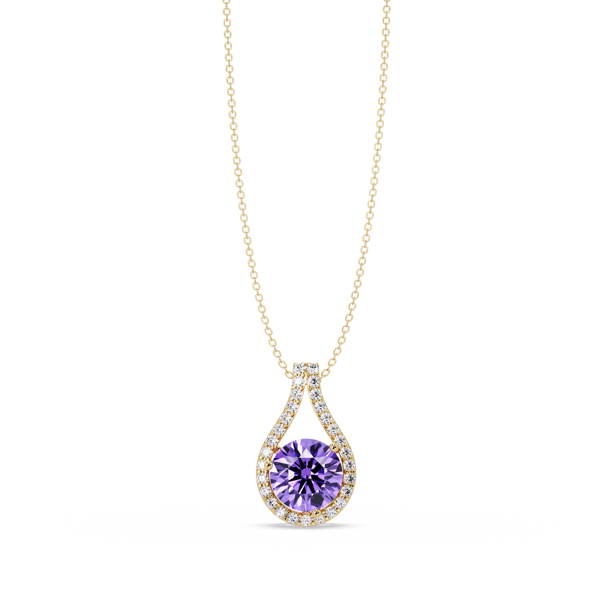 3.2 CTW Round Teardrop Halo Colorstone Pendant Necklace – Amethyst Purple – 14K Yellow Gold