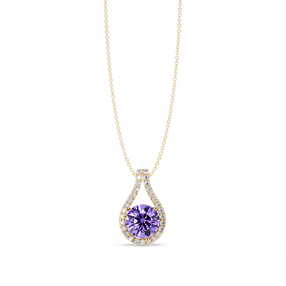 3.2 CTW Round Teardrop Halo Colorstone Pendant Necklace – Amethyst Purple – 14K Yellow Gold