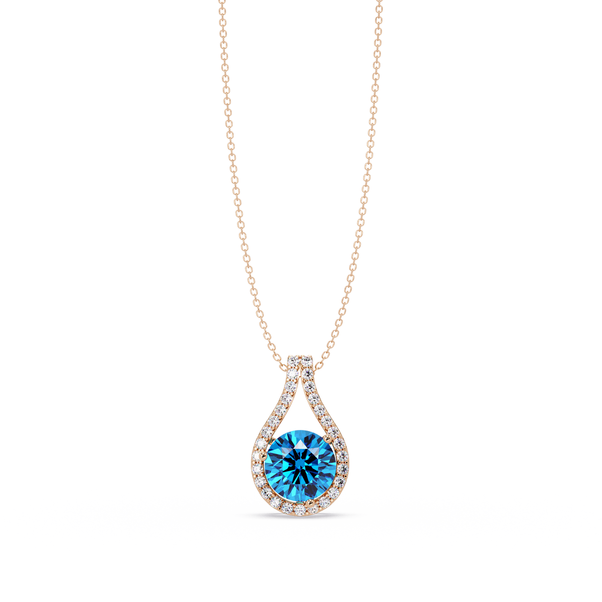 3.2 CTW Round Teardrop Halo Colorstone Pendant Necklace – Aquamarine Blue – 14K Rose Gold