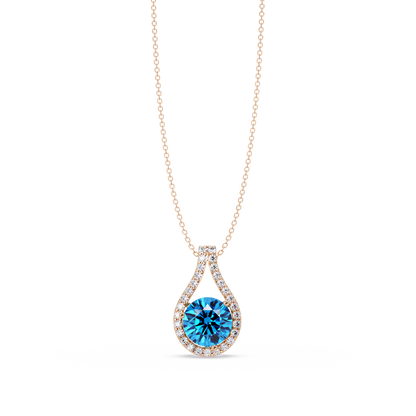 3.2 CTW Round Teardrop Halo Colorstone Pendant Necklace – Aquamarine Blue – 14K Rose Gold