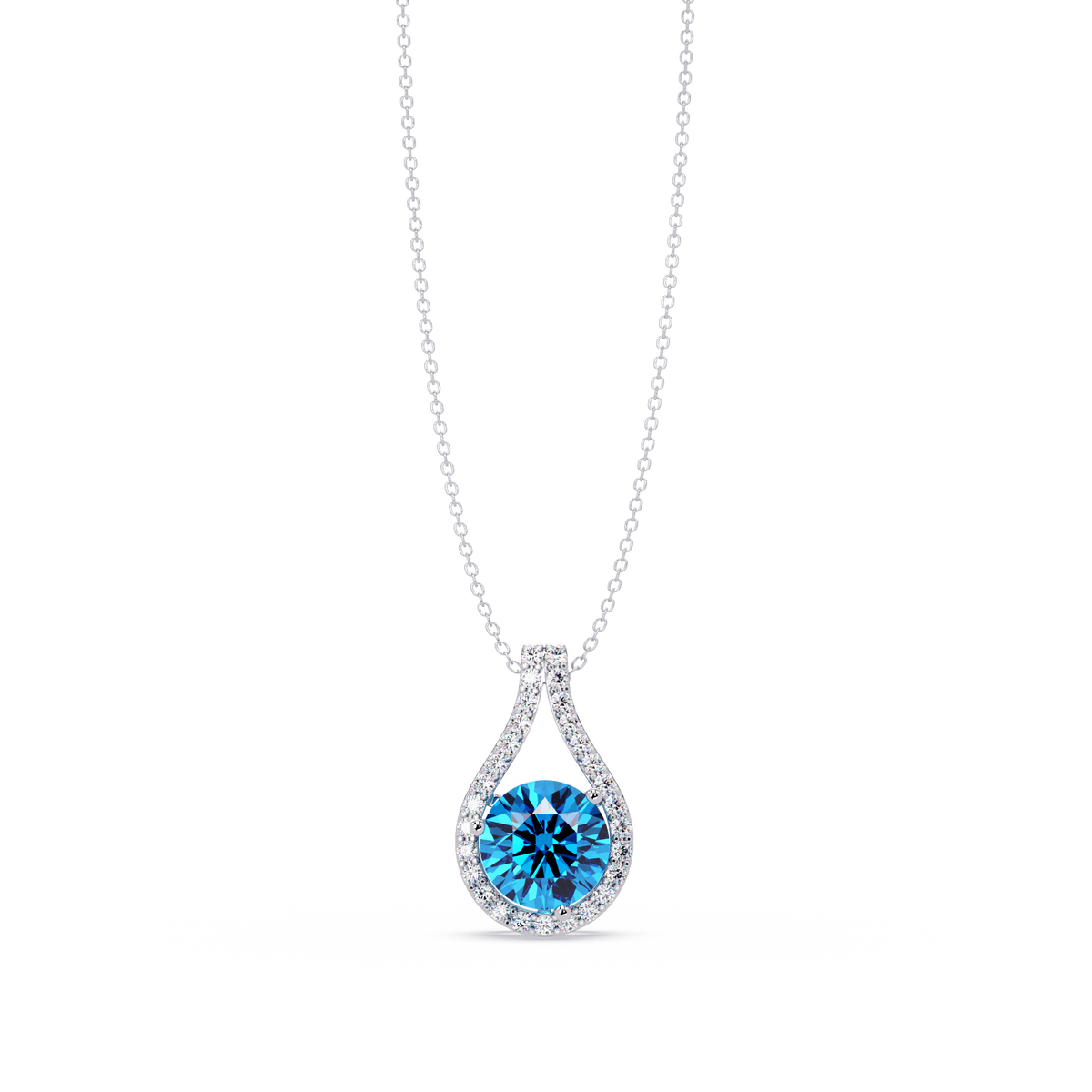 3.2 CTW Round Teardrop Halo Colorstone Pendant Necklace – Aquamarine Blue – 14K White Gold